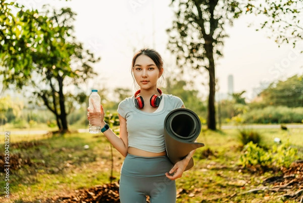 Fototapeta A woman dressed in workout clothes, feeling thirsty, is opening a water bottle during a break from exercising in the park.