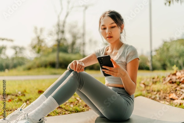 Fototapeta A woman dressed for exercise holds her phone and tracks her heart rate with a smartwatch as she sits on a yoga mat. Fitness and workout concept.