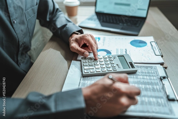 Fototapeta An accountant is seated at a desk in the office, utilizing a calculator to determine balances, profits, currency conversions, and costs. This involves various accounting and financial concepts.