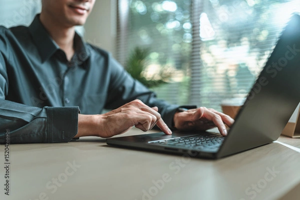 Fototapeta Businessman is hand working and typing on laptop. Business, corporate and finance concept.