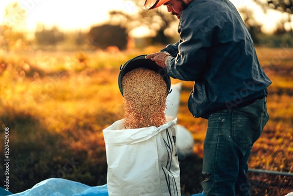 Fototapeta A farmer hands using a black bucket to pour golden grains into a white sack, symbolizing agriculture, harvest, and traditional methods of paddy collection. Labor working industry.