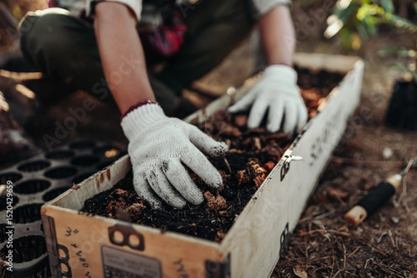 Fototapeta Gardeners use their hands to spread the soil in long pots to prepare for planting.