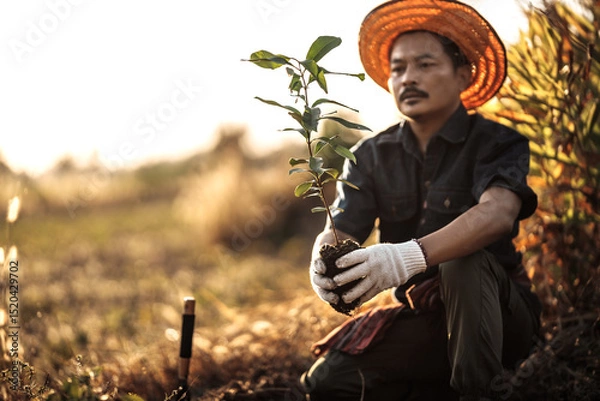 Fototapeta A gardener is planting a mango tree in the garden.