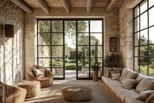 Fototapeta Sunroom with large windows, stone walls and ceiling, neutral wicker furniture, natural light, and garden view door in natural material interior design