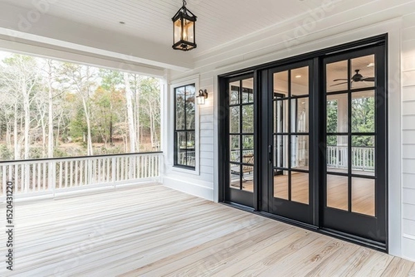 Fototapeta Black steel-framed sliding doors leading to back porch in open-concept home with white walls and light wood floors