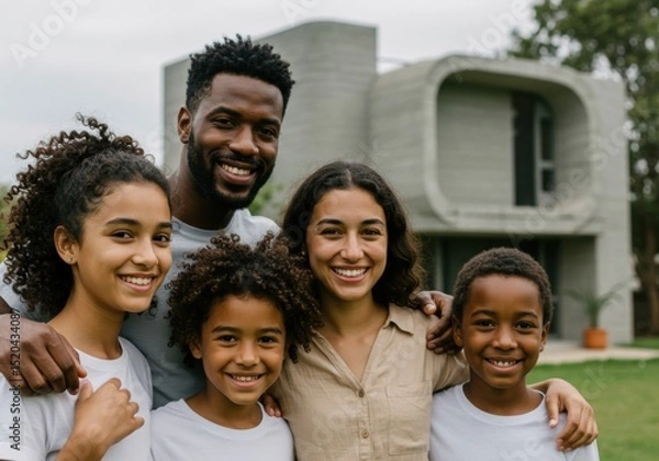 Obraz Family smiling in front of modern 3d printed concrete house for sustainable living