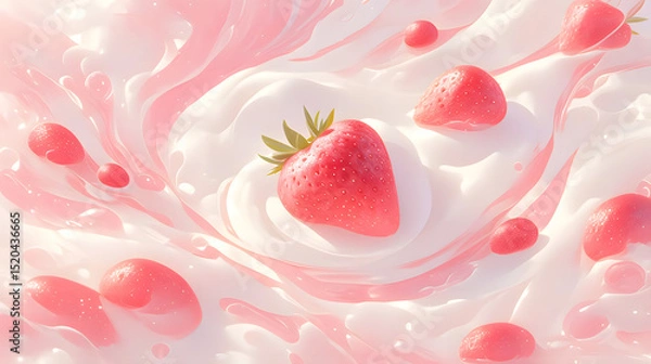Fototapeta Strawberry Cream Background with White and Pink Liquids: 3D Rendered, High-Resolution, Realistic Style