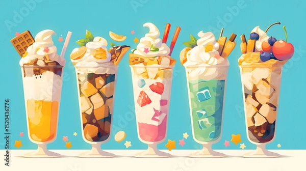 Fototapeta Vector Illustration of Five Milkshakes with Different Flavors and Garnishes, White Background, Clip Art Style