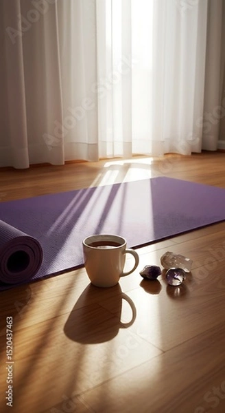 Obraz A pristine lavender yoga mat unrolled on a wooden floor at sunrise, with a steaming cup of herbal tea, meditation crystals, and soft sunlight streaming through sheer curtains