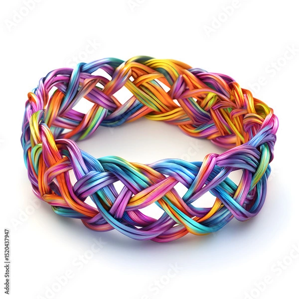 Obraz Artistic woven bracelet with freeflowing interlaced threads, vibrant and detailed, isolated on white background.
