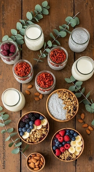 Obraz Overhead view of a rustic table filled with organic superfoods: açai bowls, chia pudding, goji berries, and almond milk in glass jars, styled with eucalyptus leaves