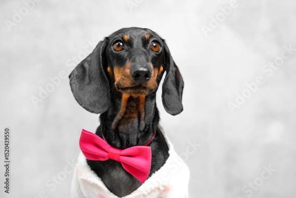 Fototapeta A charming black and tan dachshund wears a bright pink bow tie, poised against a neutral gray backdrop. the dog's adorable expression and stylish accessory stand out beautifully.