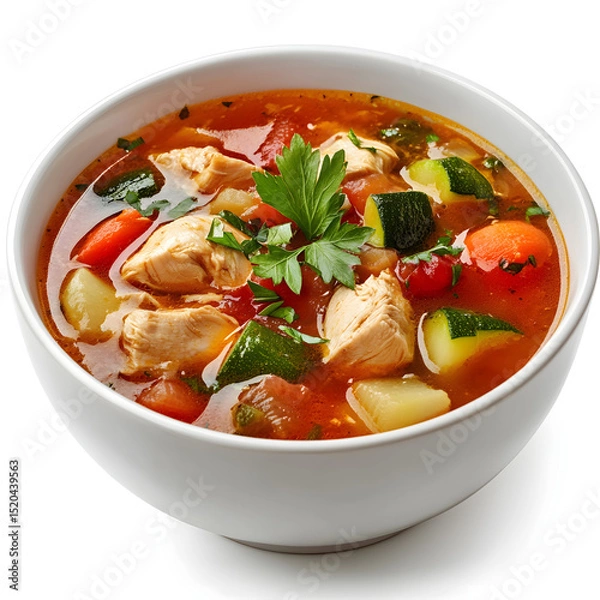 Obraz Bowl of chicken stew with hearty vegetables and rich broth, isolated on white background.