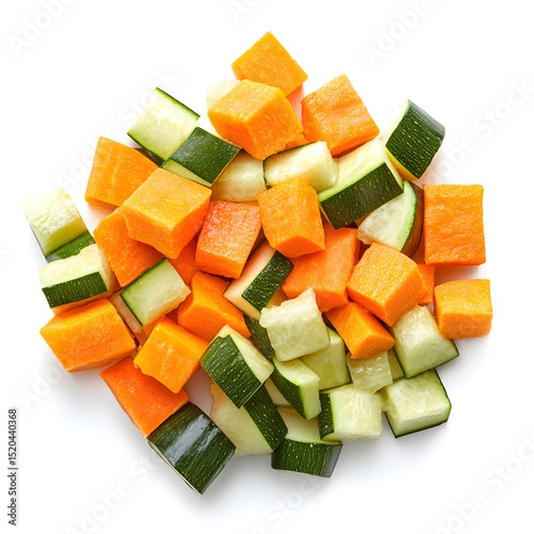 Obraz Carrot, zucchini, and sweet potato mix, fresh chopped vegetables vibrant in color, isolated on white background.