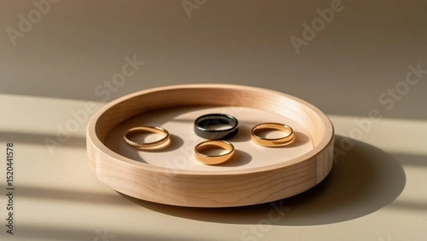 Obraz elegant wedding rings display in wooden bowl on table