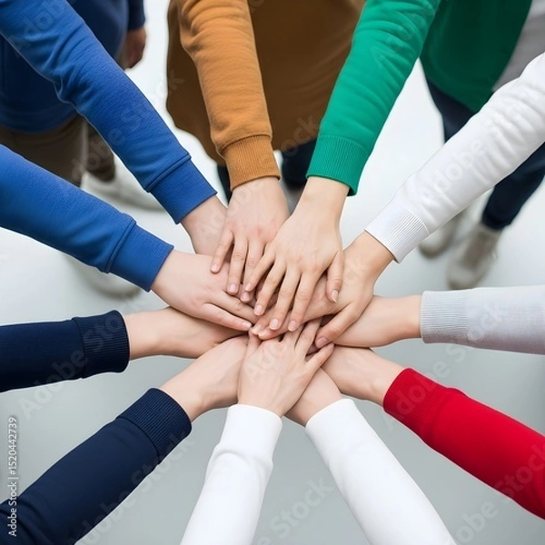 Fototapeta Collective commitment shown by diverse hands in unity huddle, teamwork for International Day for Countering Hate Speech, strong support