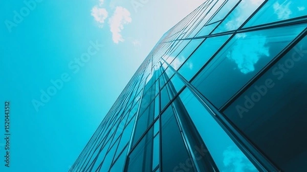 Fototapeta Low angle view of modern glass skyscraper against a bright blue sky.
