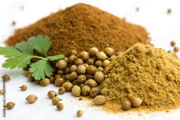 Obraz Whole coriander seeds and ground spice beautifully arranged on white background