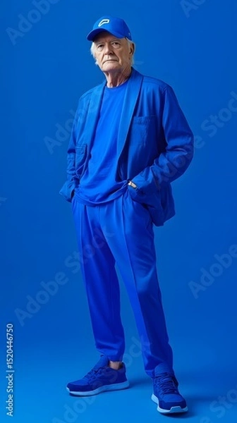 Fototapeta Man in a vibrant blue outfit against a solid blue backdrop.