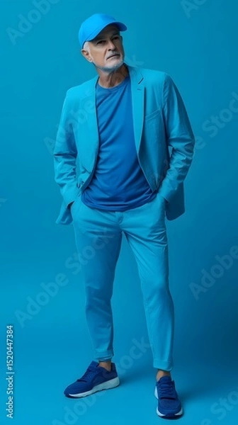 Fototapeta Stylish man in a monochromatic blue suit and cap.