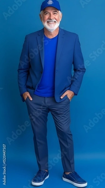 Fototapeta Man in a blue suit and cap, smiling.
