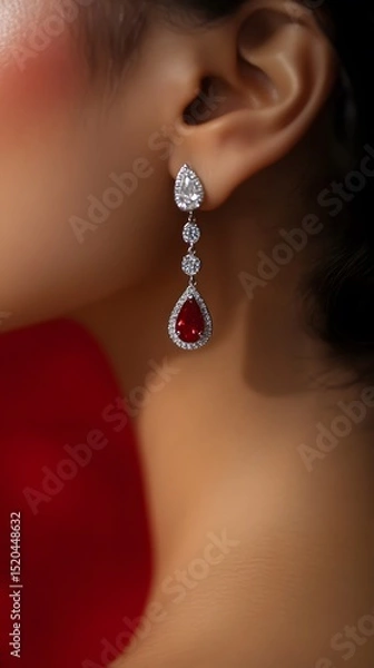 Fototapeta Elegant teardrop earrings with red gemstones and sparkling diamonds.