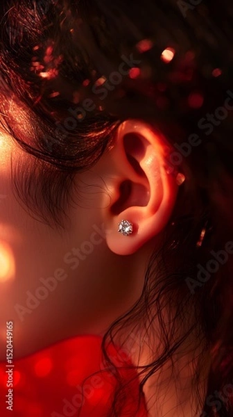 Fototapeta Close-up of a woman's ear with a diamond stud earring.