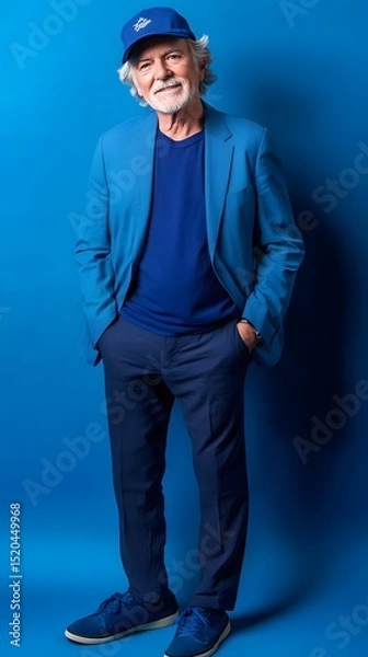 Fototapeta Man in a blue suit and hat against a blue background.