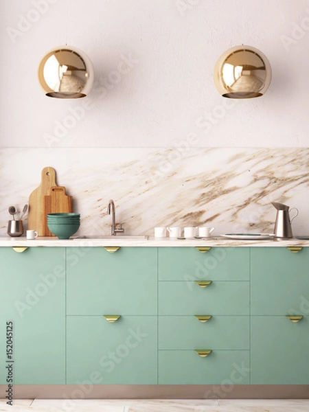 Fototapeta Mockup interior kitchen in pastel colors. 3D render, 3d illustration