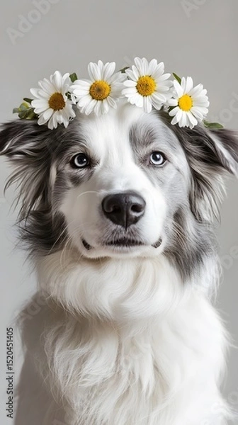 Fototapeta Close-up of a border collie dog wearing a flower crown.
