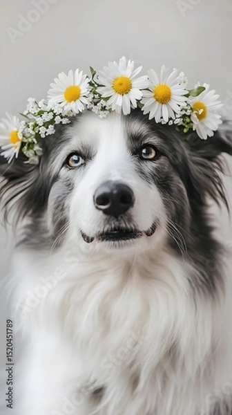 Fototapeta Close-up portrait of a dog wearing a flower crown.