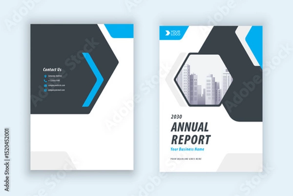 Fototapeta Blue annual report company brochure template A4 size printable design cover. Can be use to leaflet, brochure, layout design, portfolio, magazine, poster, corporate abstract presentation background.