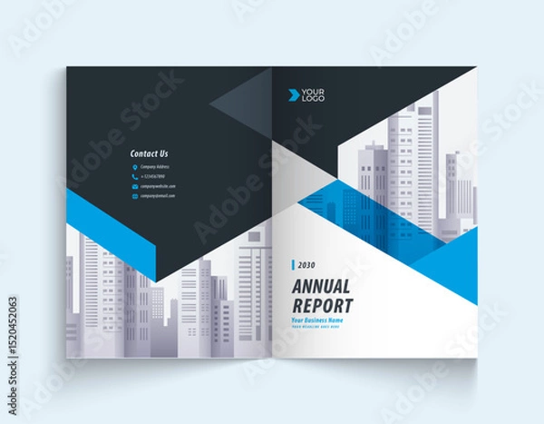 Fototapeta Blue annual report company brochure template A4 size printable design cover. Can be use to leaflet, brochure, layout design, portfolio, magazine, poster, corporate abstract presentation background.
