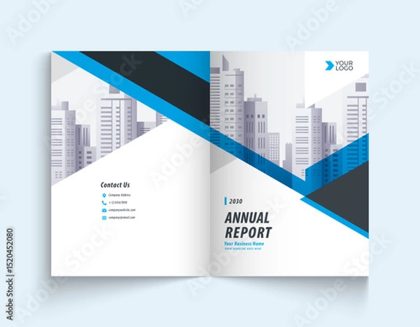 Fototapeta Blue annual report company brochure template A4 size printable design cover. Can be use to leaflet, brochure, layout design, portfolio, magazine, poster, corporate abstract presentation background.