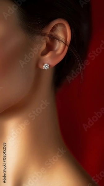 Fototapeta Close-up view of a diamond stud earring on a woman's ear.