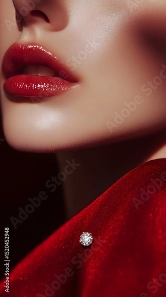 Fototapeta Close-up of a woman's face with vibrant red lipstick and a diamond pin.