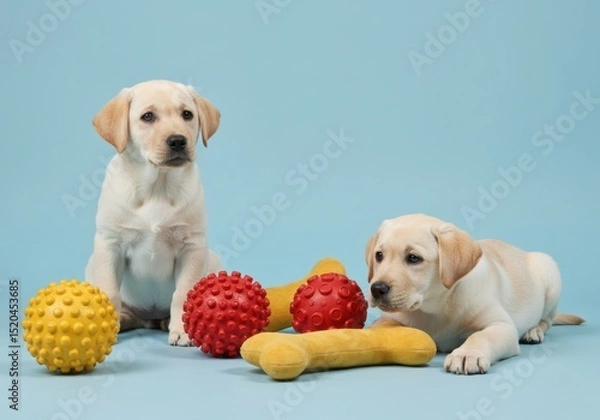 Obraz Two labrador puppies with toys on a blue backdrop