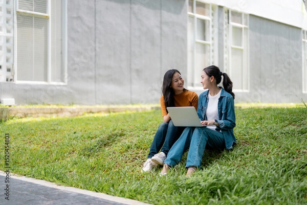Fototapeta Two female students working on a laptop while sitting on grass in a university campus