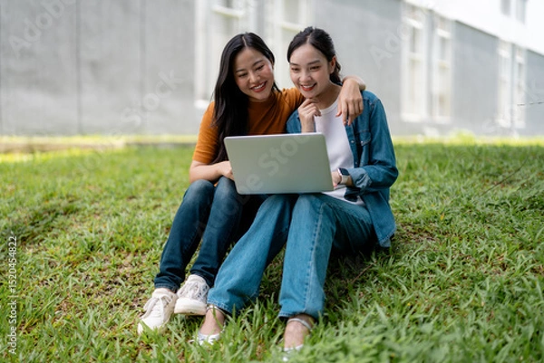 Fototapeta Two happy female students enjoying online study using laptop computer sitting together on lawn in university campus
