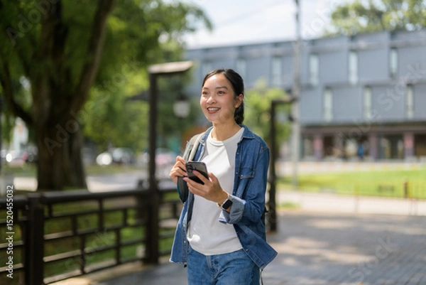 Fototapeta Smiling student walking in a park using a smartphone app