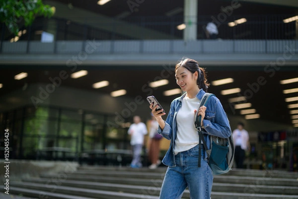Fototapeta Young woman with backpack using mobile phone app in university campus