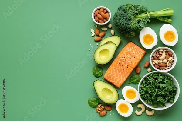 Fototapeta Keto diet concept - salmon, avocado, eggs, nuts and seeds, bright green background, top view, with copy space fresh vegetables on a green background 