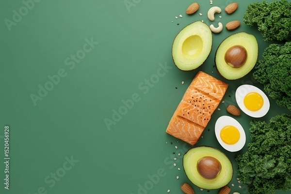 Fototapeta Keto diet concept - salmon, avocado, eggs, nuts and seeds, bright green background, top view, with copy space 