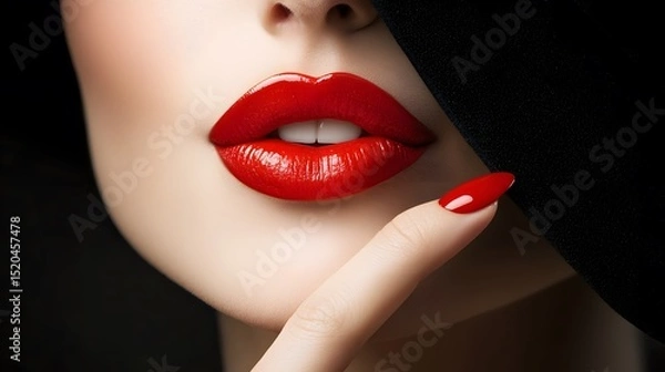 Fototapeta Close-up of a woman's lips and nails with red lipstick and polish.