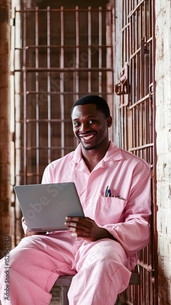 Fototapeta Person using a laptop inside a jail cell.