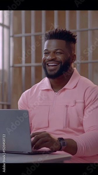 Fototapeta Man wearing a pink top, working on a laptop in a room with bars.