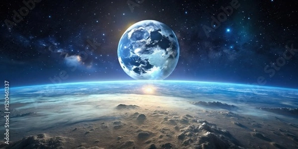 Fototapeta A serene lunar landscape with a bright full moon glowing over the Earth's horizon at night