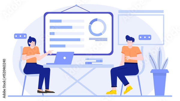 Fototapeta Title Two people studying a pie chart presentation. Suitable for business or financial presentations, reports, articles, and analysis blogs.