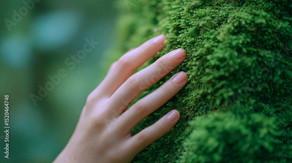 Fototapeta Close up of gentle hand touching soft green moss in natural forest environment showing connection with nature and calm feeling