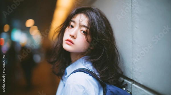 Fototapeta Thoughtful young woman with short black hair looking away in soft natural light with blurred dark background for emotional portrait and introspective mood